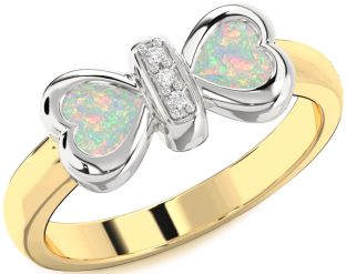 Diamond Emerald Platinum & Yellow Gold Bow Two Heart Birthstone Ring