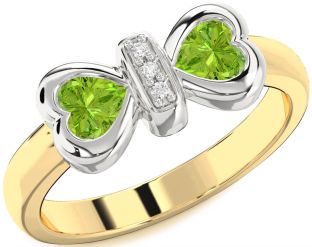 Diamond Emerald Platinum & Yellow Gold Bow Two Heart Birthstone Ring