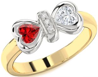 Diamond Emerald Platinum & Yellow Gold Bow Two Heart Birthstone Ring