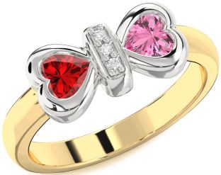 Diamond Emerald Platinum & Yellow Gold Bow Two Heart Birthstone Ring