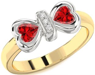 Diamond Emerald Platinum & Yellow Gold Bow Two Heart Birthstone Ring