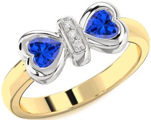 Diamond Emerald Platinum & Yellow Gold Bow Two Heart Birthstone Ring