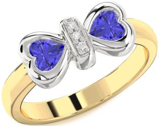 Diamond Emerald Platinum & Yellow Gold Bow Two Heart Birthstone Ring