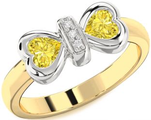Diamond Emerald Platinum & Yellow Gold Bow Two Heart Birthstone Ring