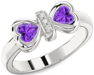 Diamond Emerald Platinum Bow Two Heart Birthstone Ring