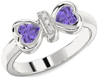 Diamond Emerald Platinum Bow Two Heart Birthstone Ring