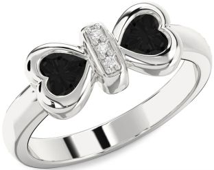 Diamond Emerald Platinum Bow Two Heart Birthstone Ring