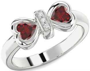 Diamond Emerald Platinum Bow Two Heart Birthstone Ring