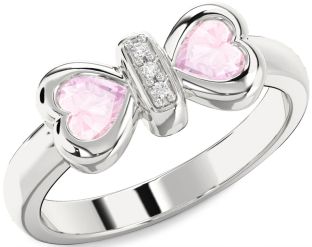 Diamond Emerald Platinum Bow Two Heart Birthstone Ring