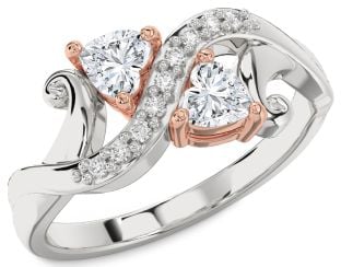 Diamond Silver & 10K Rose Gold Two Heart Ring