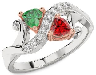 Diamond Emerald White Rose Gold Two Heart Birthstone Ring