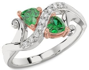 Diamond Emerald Platinum & Rose Gold Two Heart Birthstone Ring