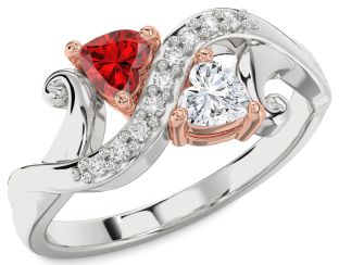 Diamond Emerald Platinum & Rose Gold Two Heart Birthstone Ring