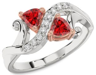 Diamond Emerald White Rose Gold Two Heart Birthstone Ring