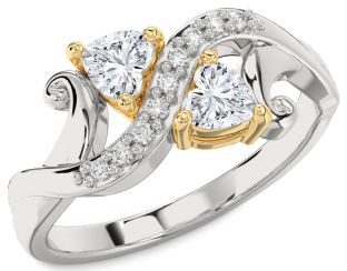 Diamond White Yellow Gold Two Heart Ring