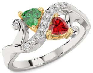 Diamond Emerald Silver & 10K gold Two Heart Birthstone Ring