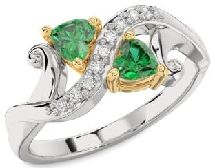 Diamond Emerald Platinum & Yellow Gold Two Heart Birthstone Ring