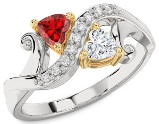Diamond Emerald Platinum & Yellow Gold Two Heart Birthstone Ring