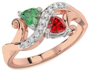 Diamond Emerald White Rose Gold Two Heart Birthstone Ring