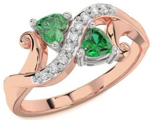 Diamond Emerald Platinum & Rose Gold Two Heart Birthstone Ring