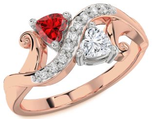 Diamond Emerald Platinum & Rose Gold Two Heart Birthstone Ring