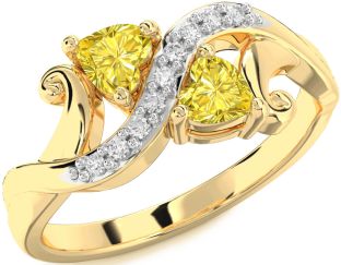 Yellow Diamond Gold Two Heart Ring