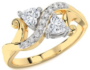 Diamond White Yellow Gold Two Heart Ring