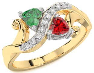 Diamond Emerald White Yellow Gold Two Heart Birthstone Ring