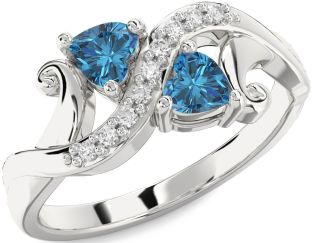 Blue Diamond Silver Two Heart Ring