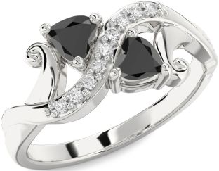 Diamond Black Onyx Silver Two Heart Ring