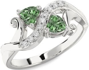Green Diamond Silver Two Heart Ring
