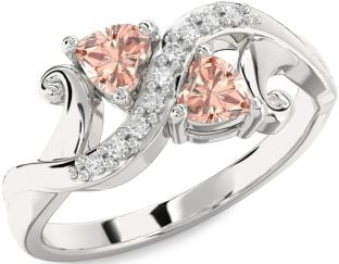 Diamond Morganite Silver Two Heart Ring