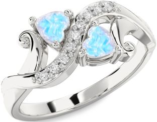 Diamond Moonstone Silver Two Heart Ring