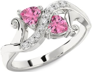 Diamond Pink Sapphire Silver Two Heart Ring