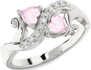 Diamond Rose Quartz Silver Two Heart Ring