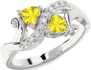 Diamond Yellow Sapphire Silver Two Heart Ring
