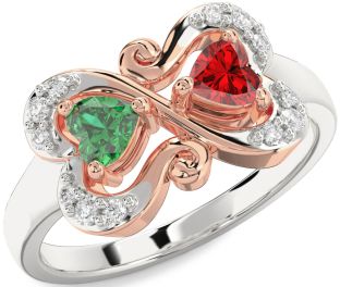Diamond Emerald Platinum & Rose Gold Two Heart Birthstone Ring