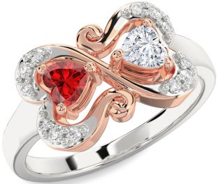 Diamond Rose Gold Silver Two Heart Promise Ring