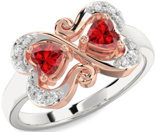Diamond Emerald Platinum & Rose Gold Two Heart Birthstone Ring