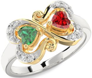 Diamond Emerald Platinum & Yellow Gold Two Heart Birthstone Ring