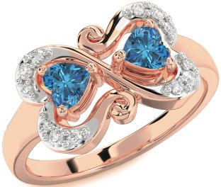 Blue Diamond Rose Gold Two Heart Ring