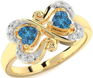 Blue Diamond Gold Two Heart Ring