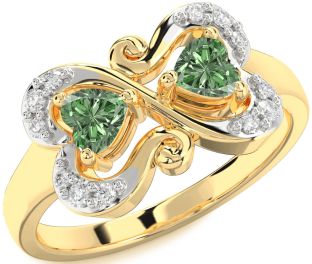 Green Diamond Gold Silver Two Heart Ring