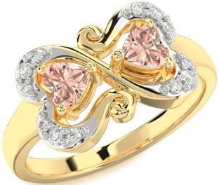 Diamond Morganite Gold Silver Two Heart Ring