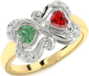 Diamond Emerald Platinum & Yellow Gold Two Heart Birthstone Ring