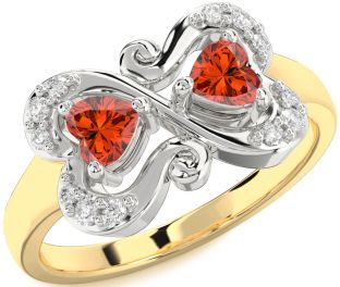 Diamond Fire Opal Gold Silver Two Heart Ring