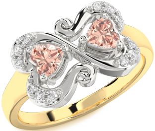 Diamond Morganite Gold Silver Two Heart Ring