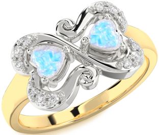 Diamond Moonstone Gold Silver Two Heart Ring