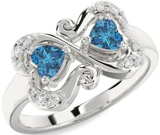 Blue Diamond Silver Two Heart Ring