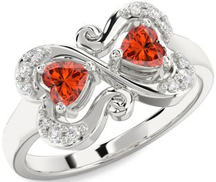 Diamond Fire Opal Silver Two Heart Ring